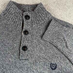 Chaps Mens Gray Marled Cotton Mock Neck Button Sweater Elbow Patches Size Large